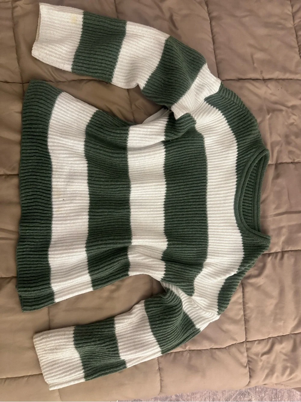 Striped Crewneck Sweater in Green and White
